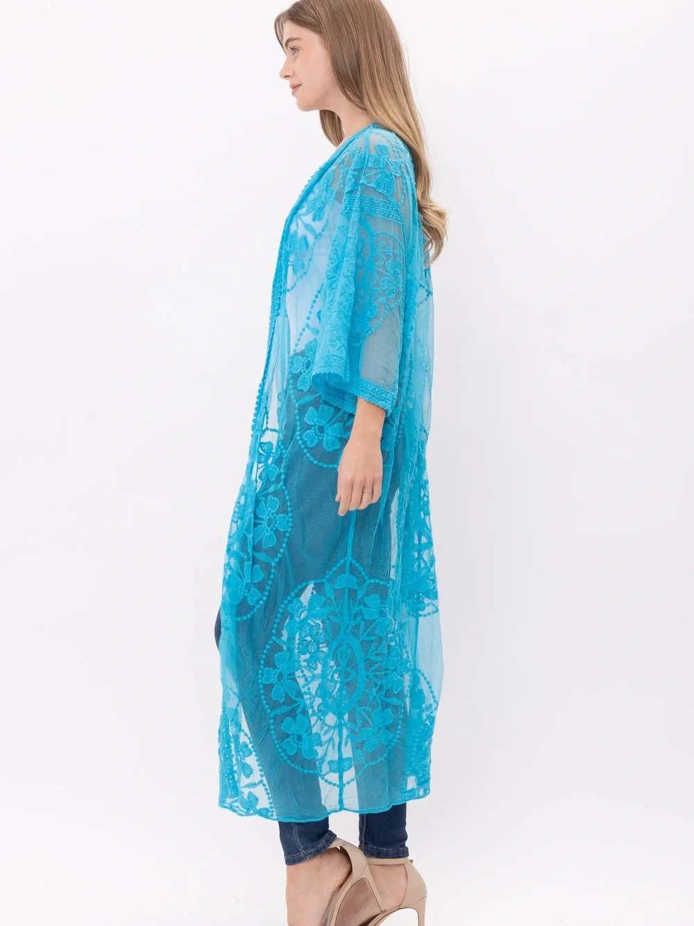 Raj Turquoise Sheer Lace Swim Coverup Kimono